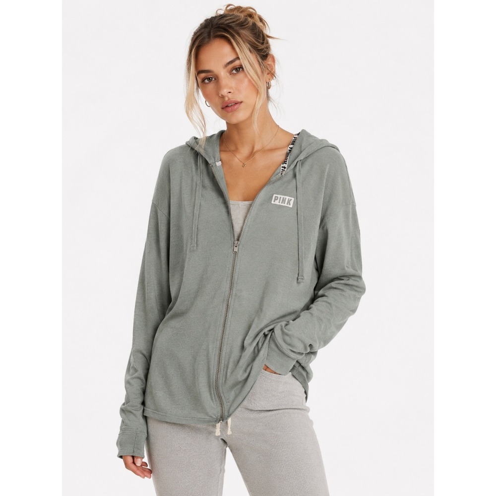 Pink Victoria's Secret Hoodie Women Medium Sage Green Full Zip Logo Sweatshirt